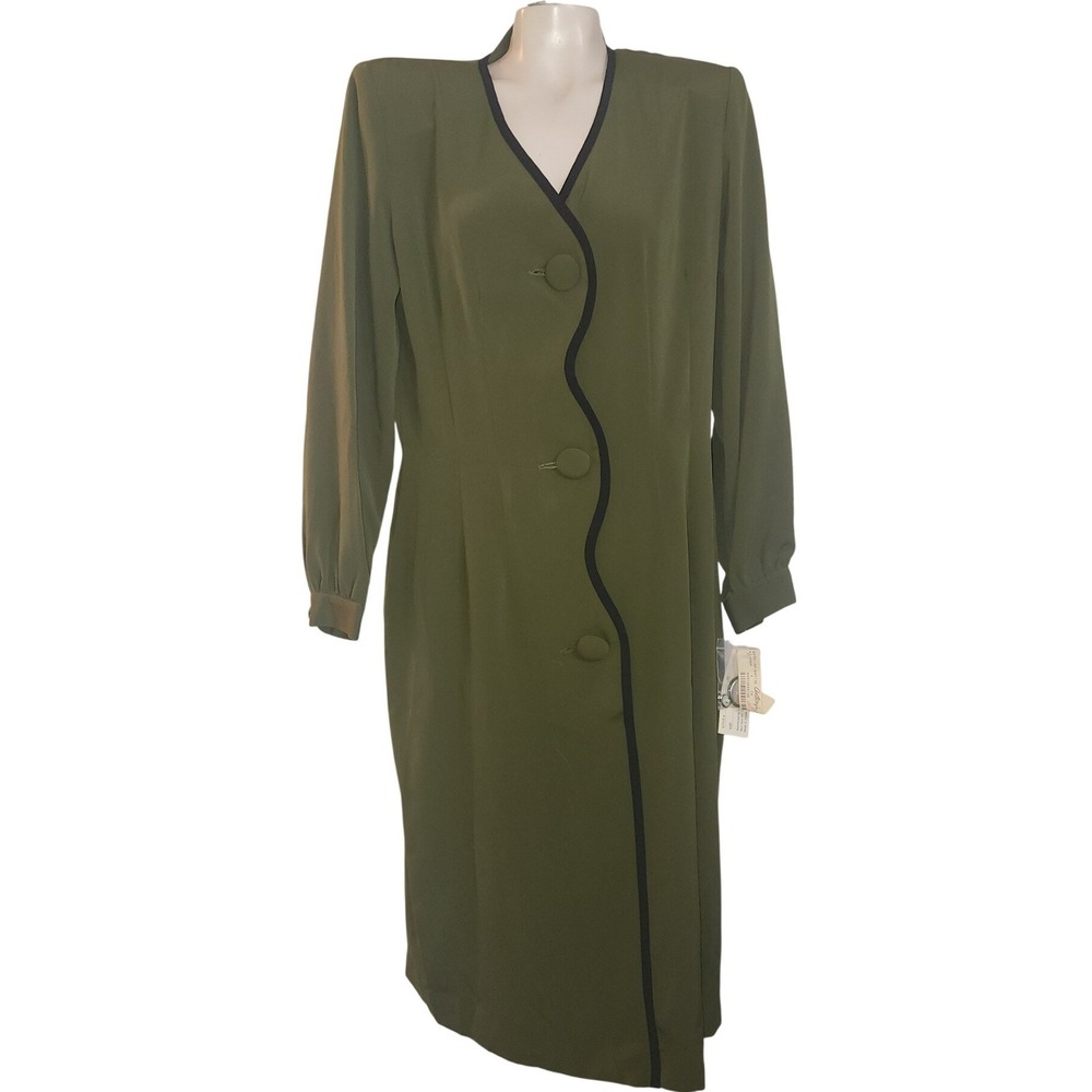 Hana Sung NEW Vintage Olive Green Wavy Trim Button Front Midi Dress Size 14